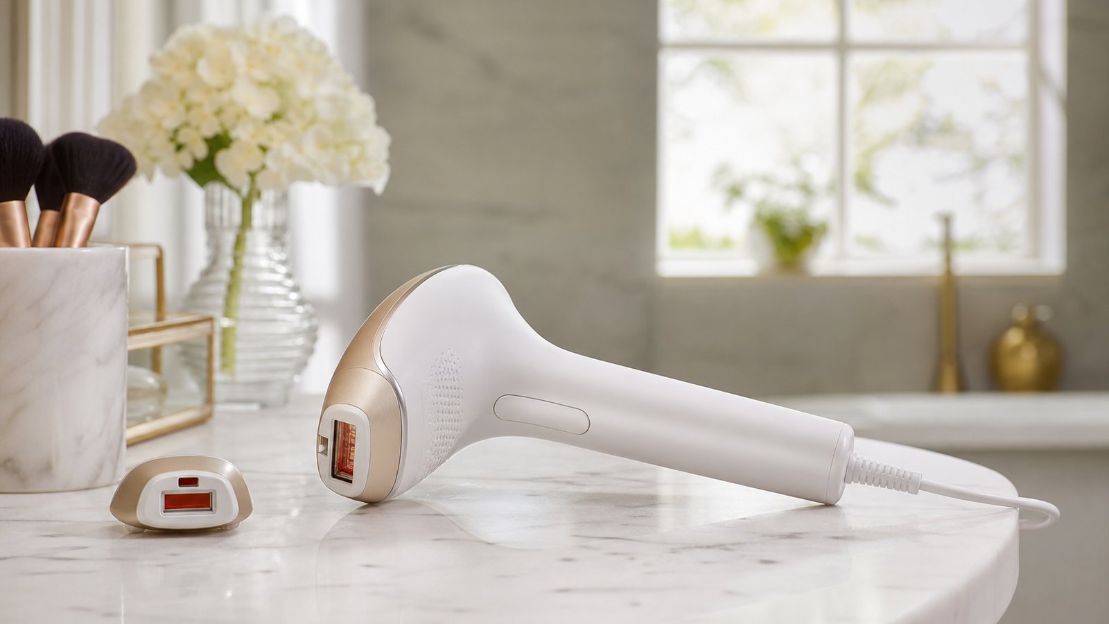 At-home IPL hair reduction handset on a clean bathroom vanity