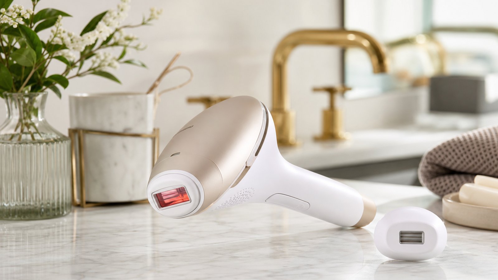At-home IPL hair reduction handset on a clean bathroom vanity