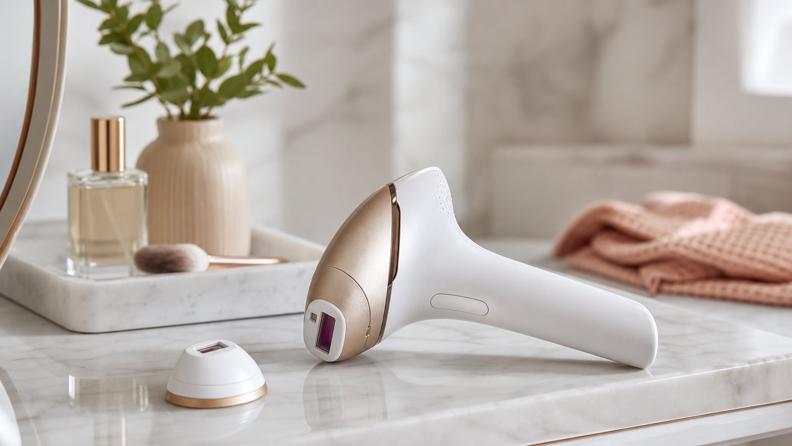 At-home IPL hair reduction handset on a clean bathroom vanity
